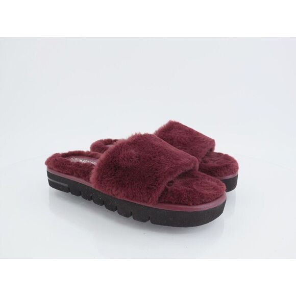 Stuart Weitzman Elodie Chill Slide Tan Burgundy Sandals Faux Fur Women's 5B - Picture 1 of 12